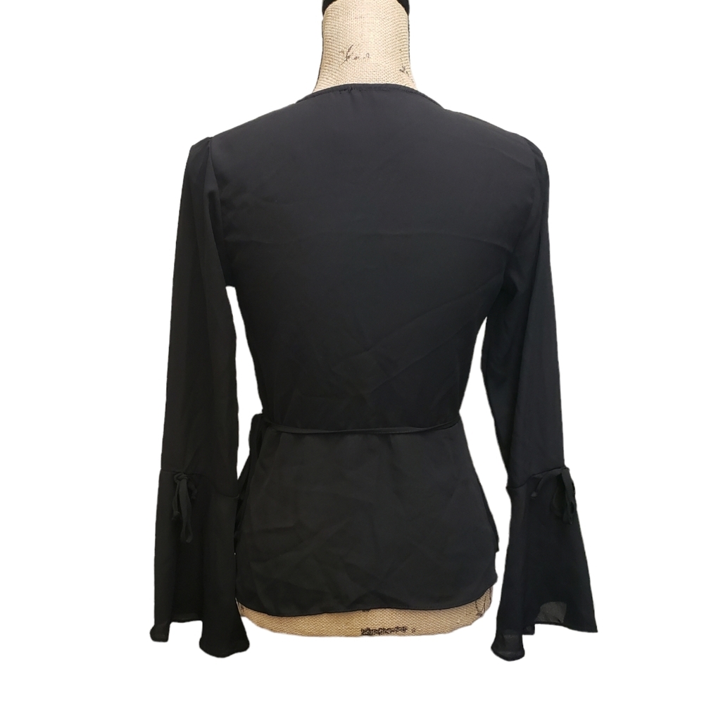 Ambiance Black Fitted Wrap Bell Sleeve Top Size Small - Picture 5 of 15